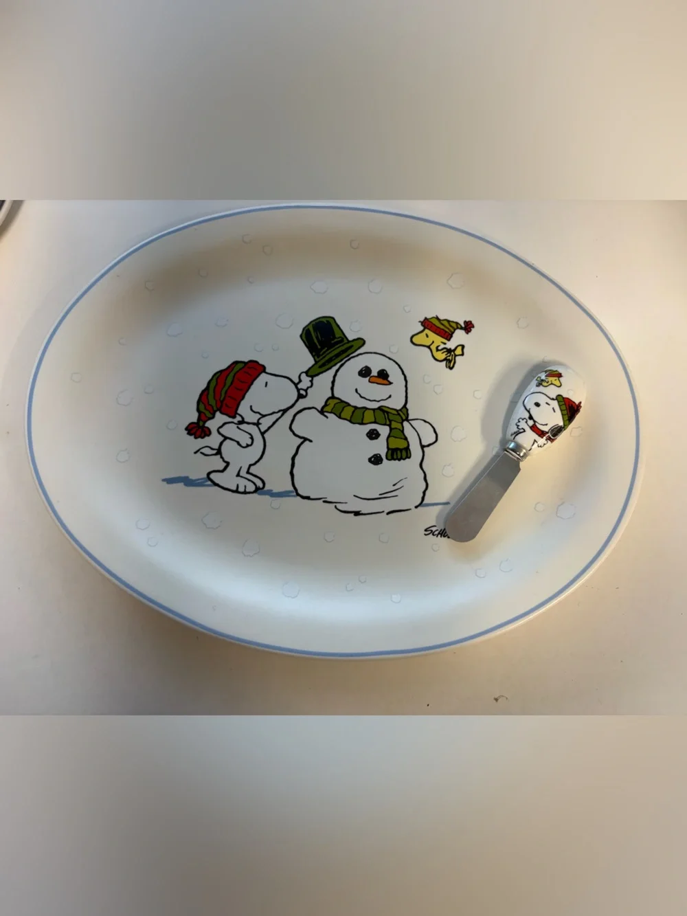 Peanuts Snoopy Snowman Holiday Serving Platter, Charcutie Tray with spreader
